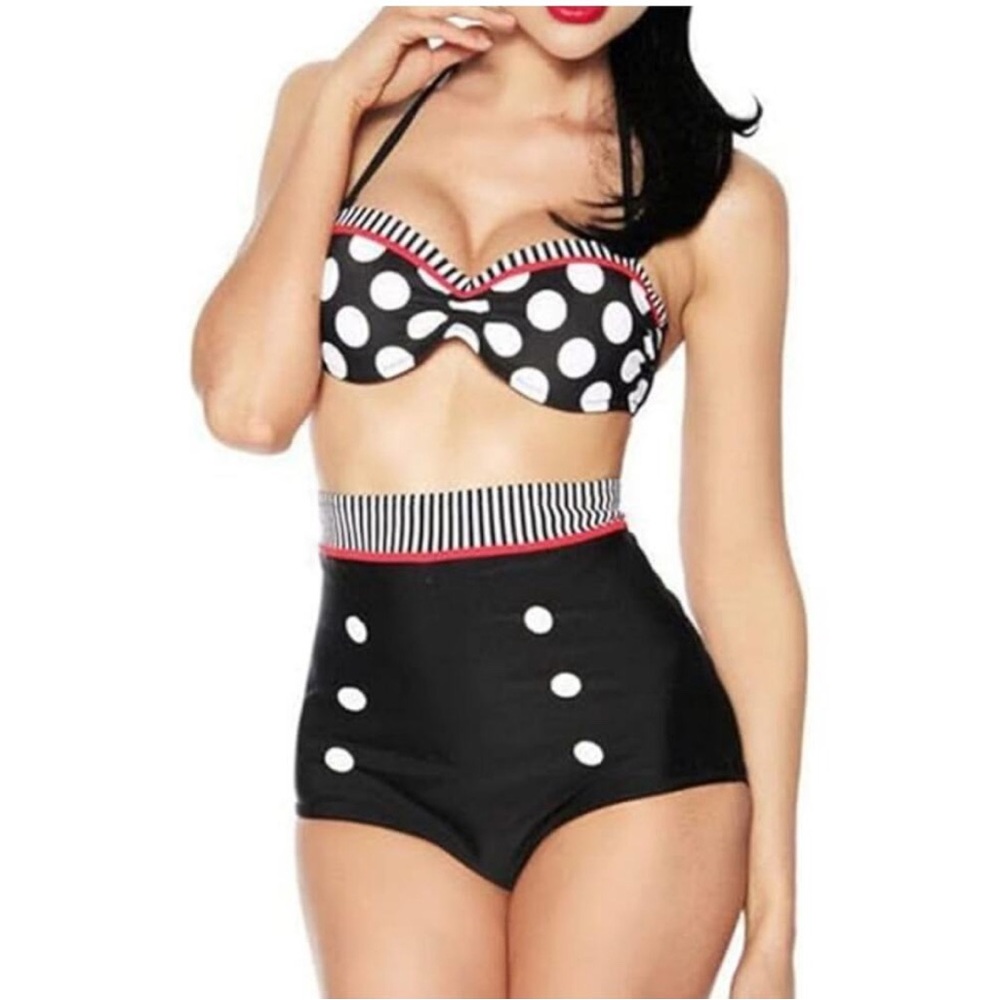 Sexy Retro Vintage High Waisted "Pin Up" Polka Dot Stripes Swimsuit Bikini M